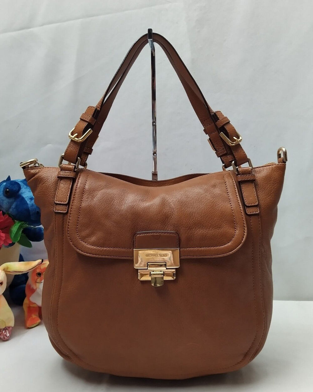 Michael Kors Brown Leather Double Handles Pushlock Zipper Satchel Shoulder Bag